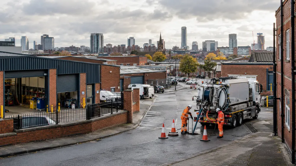 Birmingham industrial buildings with the city skyline in the distance