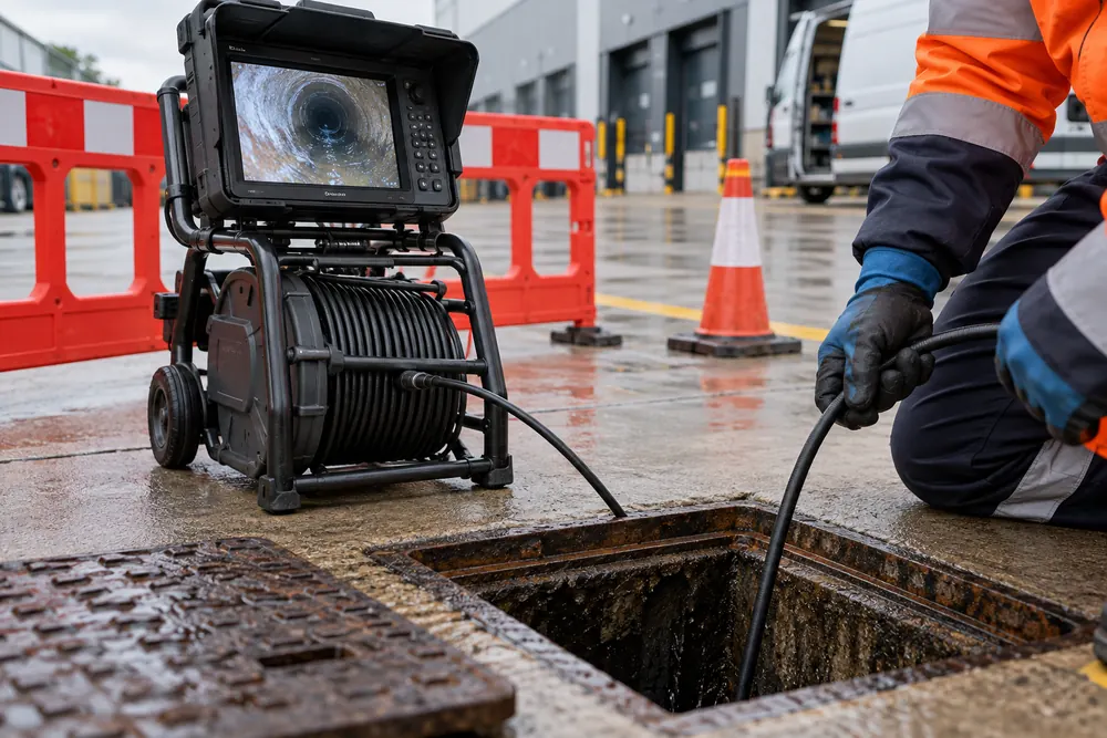 Drain inspection camera reel and monitor beside a commercial access chamber