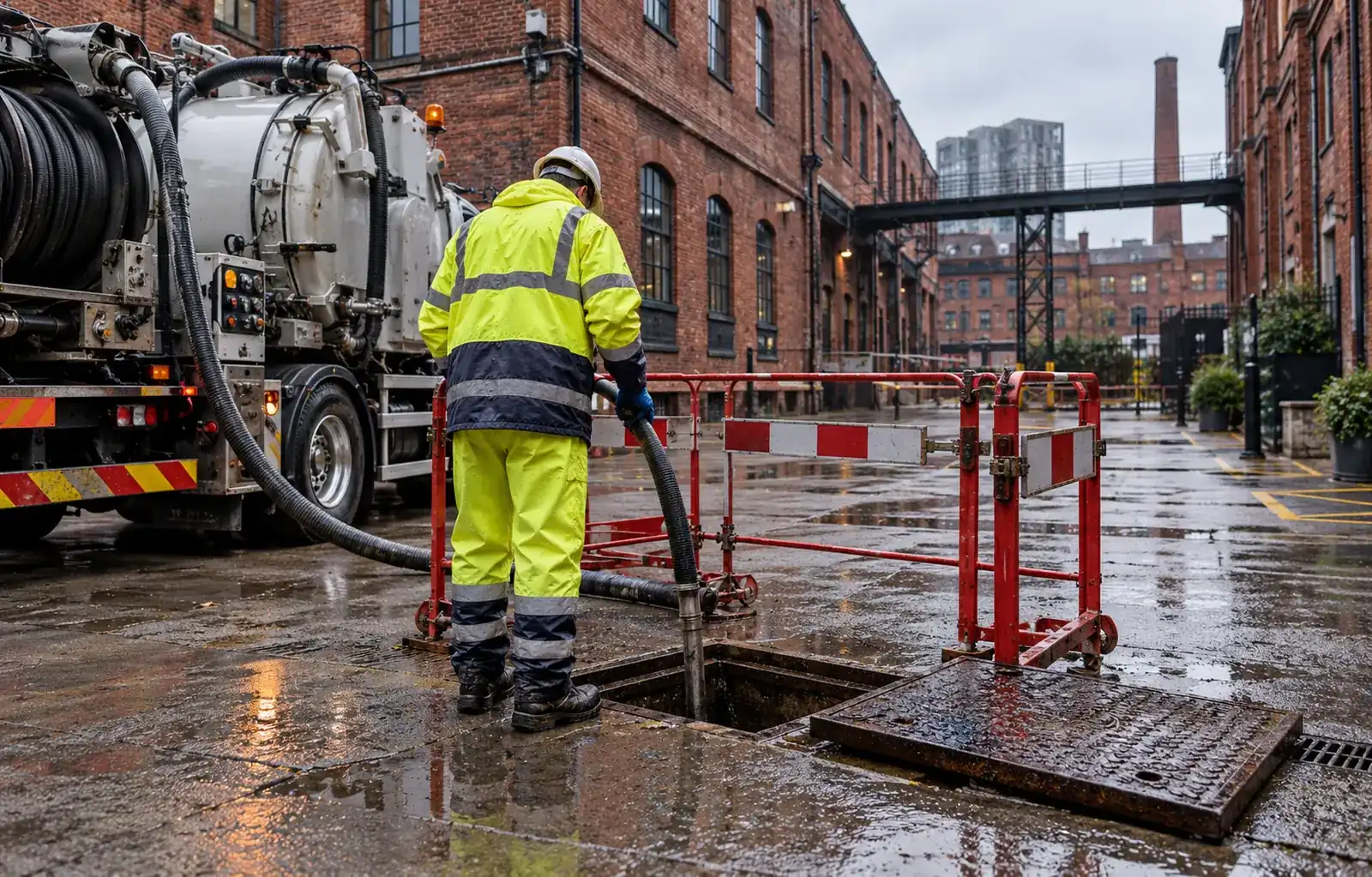 Drainage engineer beside a barriered inspection chamber in a brick commercial courtyard
