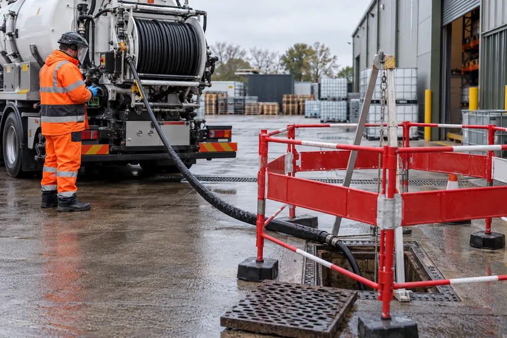 Controlled jetting hose entering a protected commercial drain access point