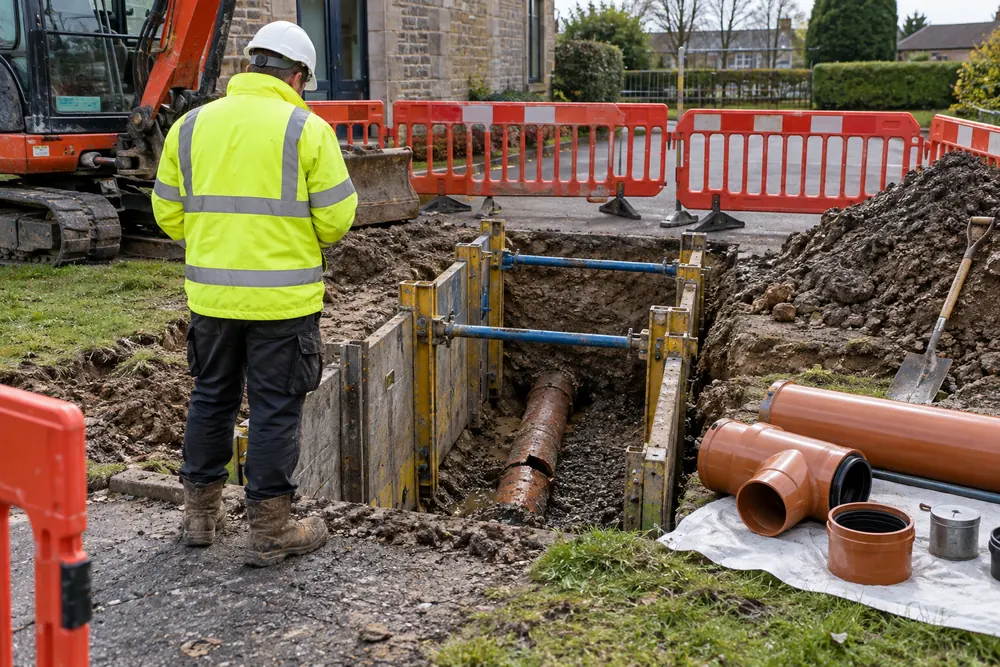 Supported drainage excavation with pipe replacement materials and protective barriers